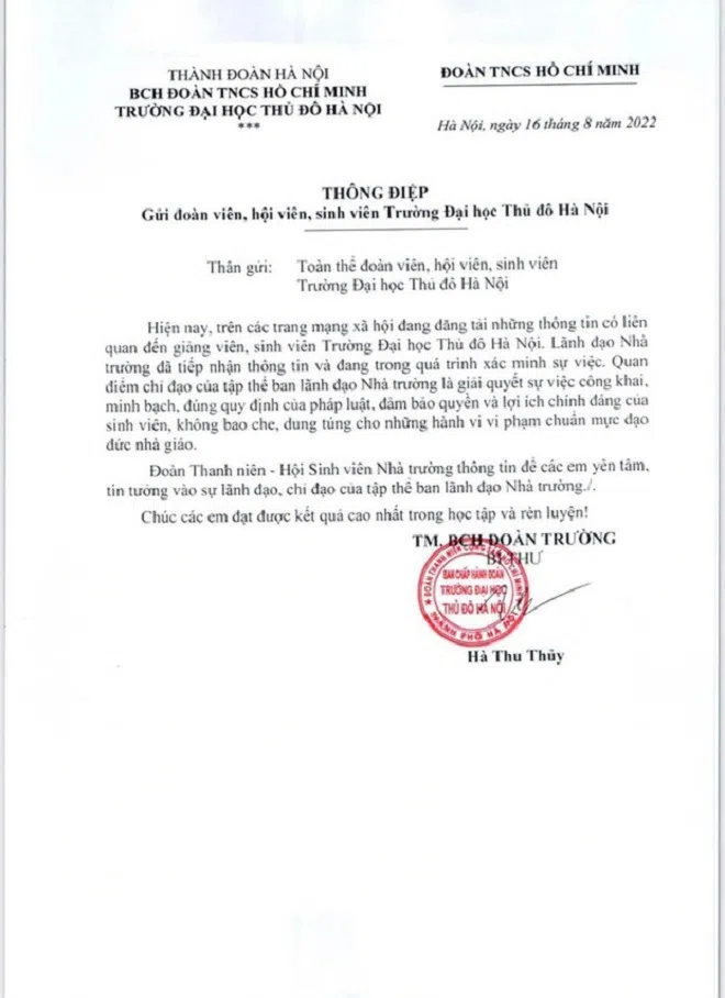 Đại học Thủ đô Hà Nội dừng công tác của giảng viên bị tố quấy rối tình dục nữ sinh