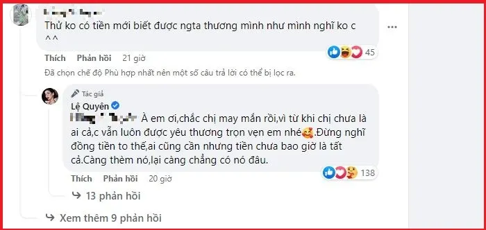 Lệ Quyên phản ứng đầy thâm thúy khi bị antifan mỉa mai 'có tiền người ta mới thương'
