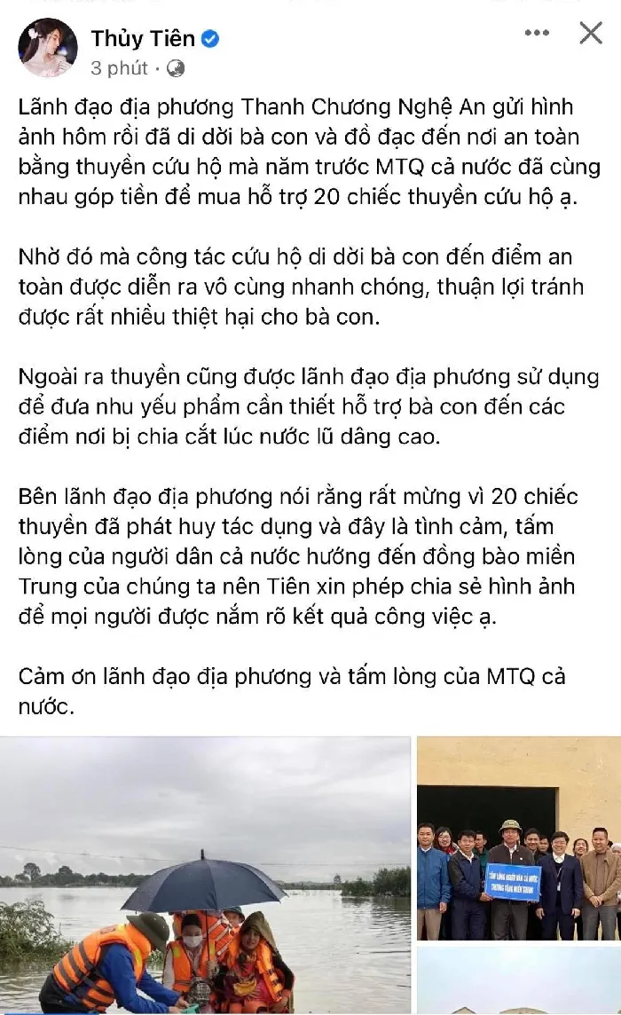 Ca sĩ Thủy Tiên báo tin vui sau chuyến từ thiện âm thầm tại miền Trung
