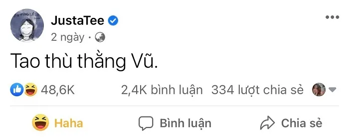JustaTee hờn dỗi công khai sau khi bị Vũ làm tổn thương sâu sắc