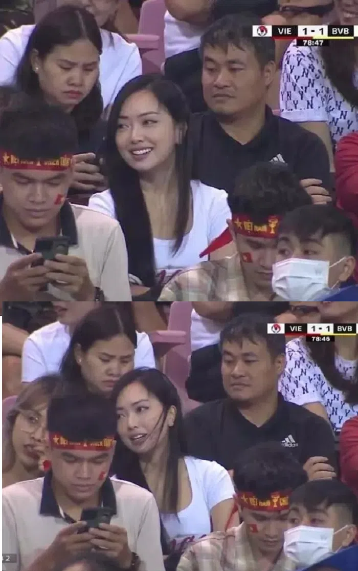 Vợ Hà Đức Chinh sáng bật khán đài khi đi cổ vũ chồng trận Việt Nam vs Dortmund