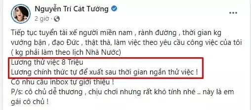 MC Cát Tường đưa ra hàng loạt yêu cầu tuyển tài xế cùng mức lương gây tranh cãi