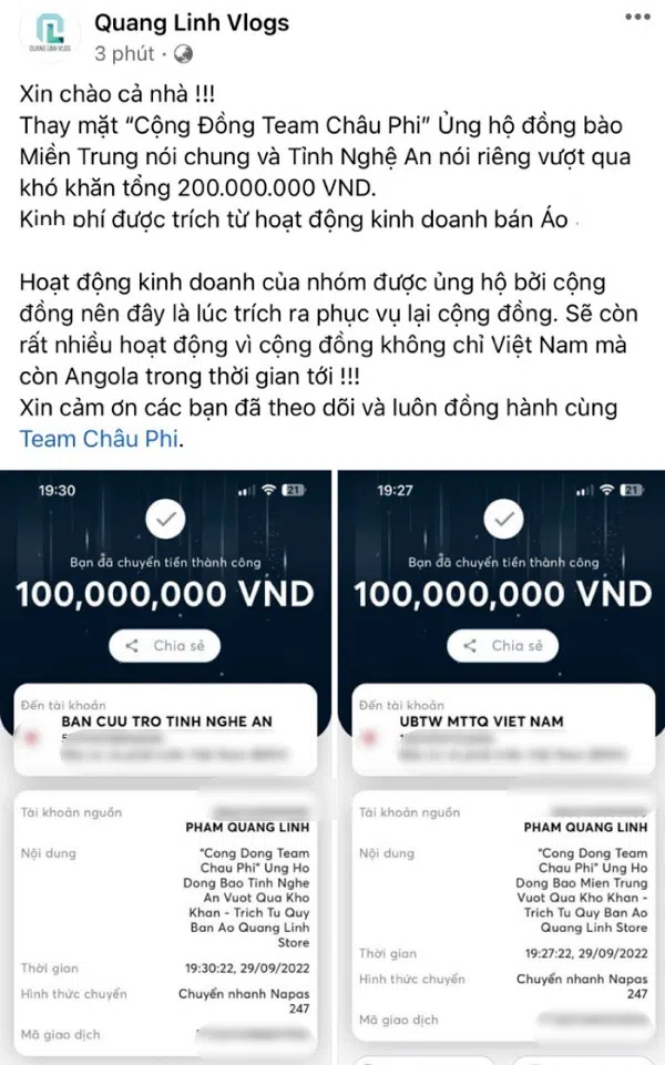 Quang Linh Vlog từ phương xa hướng về đồng bào miền Trung, chuyển nóng số tiền lớn đến những 2 tài khoản