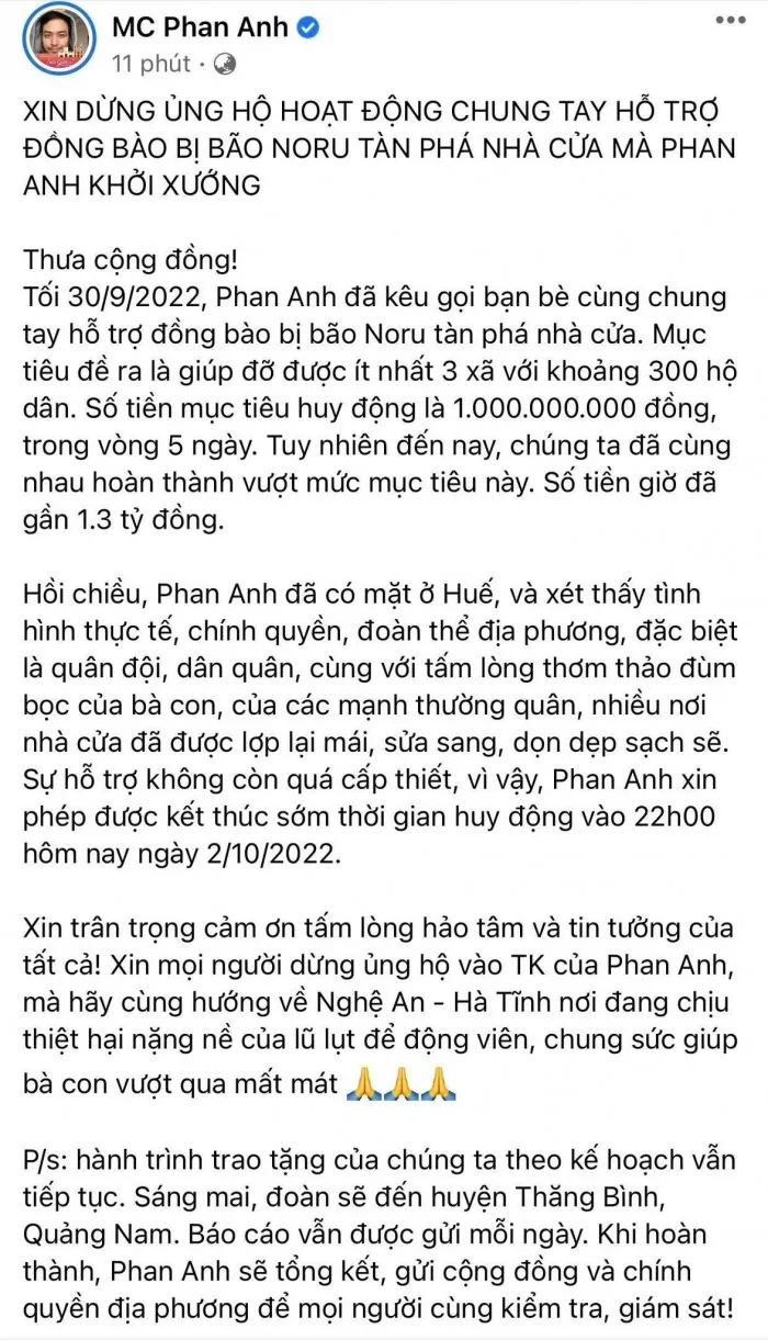 Bất ngờ trước tình trạng kêu gọi từ thiện miền Trung của MC Phan Anh, phải đóng tài khoản sau 5 ngày gây quỹ