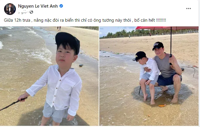 Việt Anh đưa con trai đi biển, fan yên tâm: May anh không đi Tây Ban Nha 
