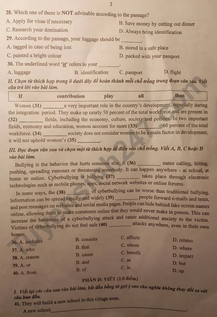 Đáp án đề thi lớp 10 môn tiếng Anh tỉnh Thanh Hóa 2022