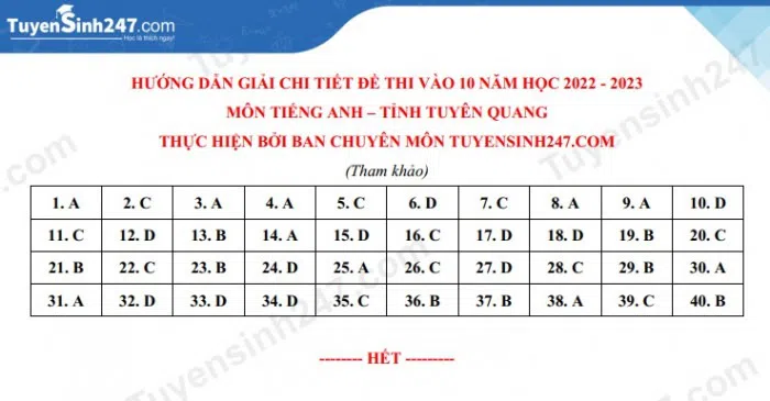 Đáp án đề thi lớp 10 môn Tiếng anh tỉnh Tuyên Quang năm 2022 chính xác nhất