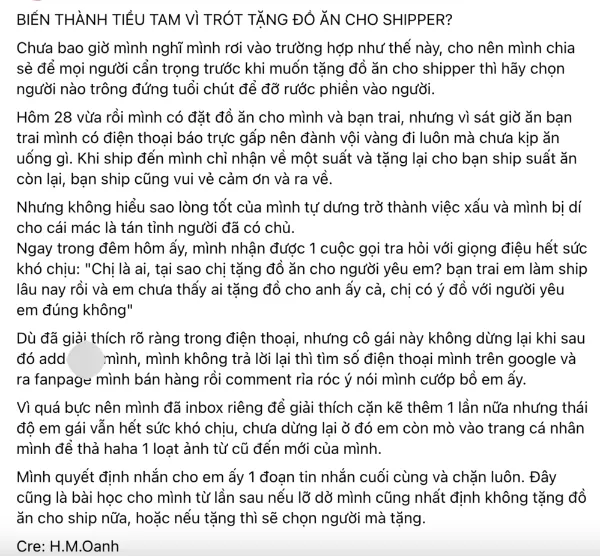 Tặng đồ cho nam shipper trẻ tuổi, cô gái bị 'dằn mặt' vì bị cho là 'tiểu tam'