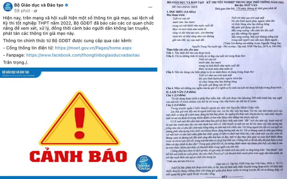 Nghi vấn lộ đề Ngữ văn thi tốt nghiệp THPT Quốc gia 2022, Bộ Giáo dục và Đào tạo cảnh báo khẩn