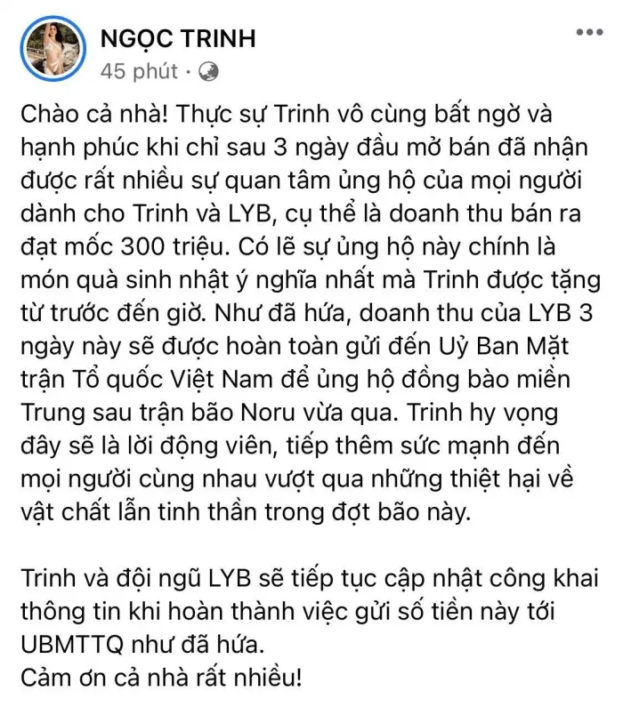 Ngọc Trinh báo tin vui nức nở giữa thời điểm từ thiện miền Trung, công bố con số gây sốc!