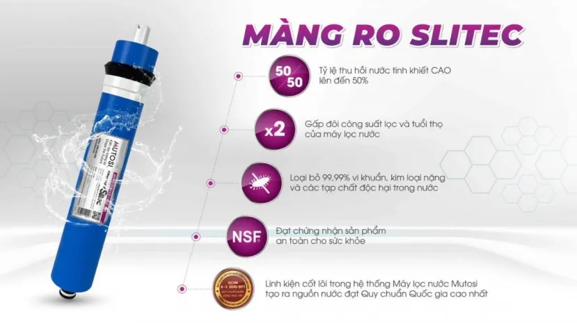 Màng lọc RO Mutosi chứng thực loại bỏ các chất độc hại, cho nước tinh khiết an toàn theo tiêu chuẩn quốc tế và Bộ Y tế