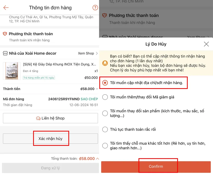 cach huy don hang shopee