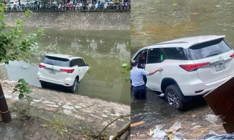 Nữ tài xế lao Toyota Fortuner cắm đầu xuống sông Kim Ngưu