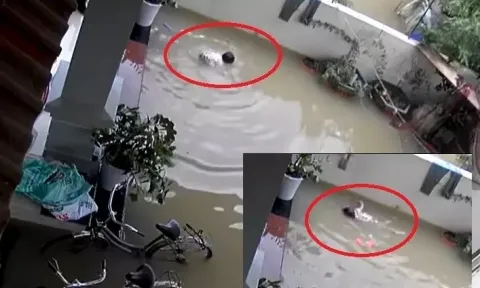 Em bé vùng vẫy khi trượt chân ngã xuống sân ngập nước, đoạn kết làm người xem thở phào