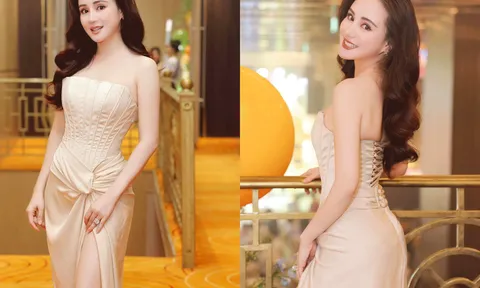 Vy Oanh xuất hiện xinh đẹp với váy dạ hội bó sát khoe trọn vòng eo phẳng lỳ cùng chân dài miên man