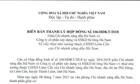 Thông tin về việc thuê nhà xưởng thuộc CHXD Liêm Cần của Chi nhánh xăng dầu Hà Nam