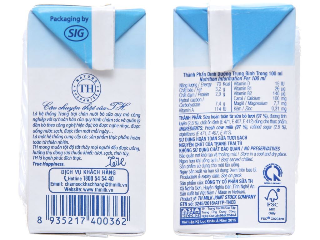 Bên cạnh mỗi hộp sữa tươi TH True Milk đều có ghi thành phần dinh dưỡng