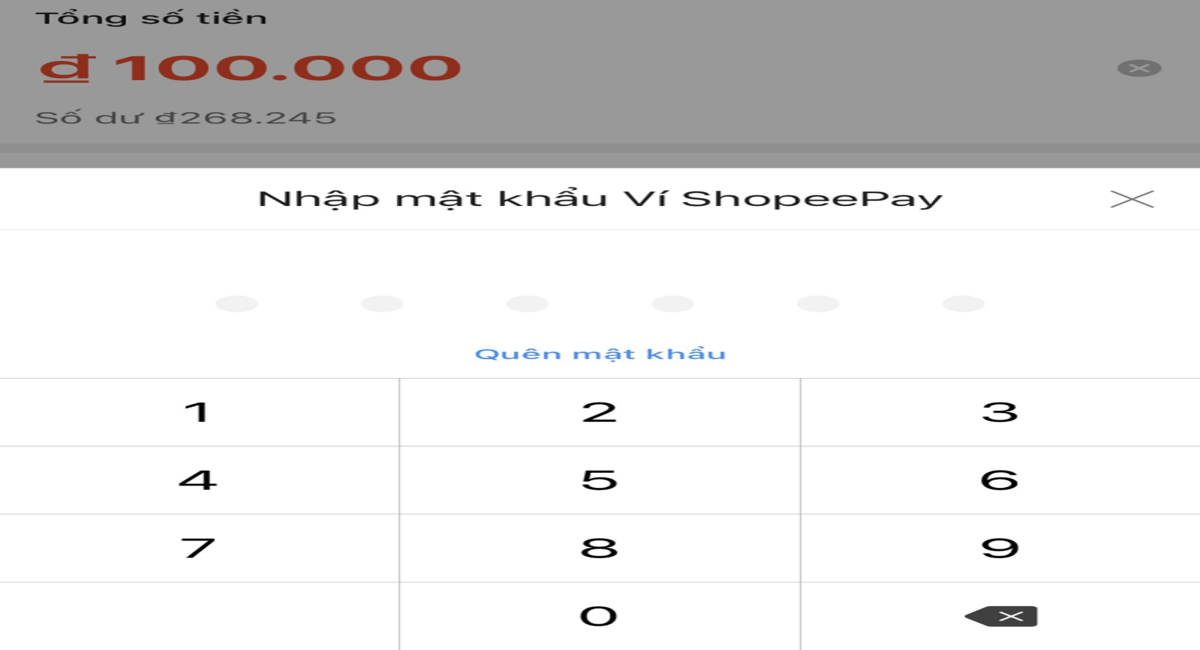 Nhập mật khẩu ví ShopeePay để xác nhận giao dịch
