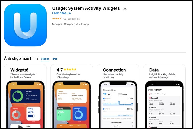 Cách hiển thị phần trăm pin iPhone 11 bằng phần mềm thứ 3 mà bạn có thể trải nghiệm đó là Usage: System Activity Widgets