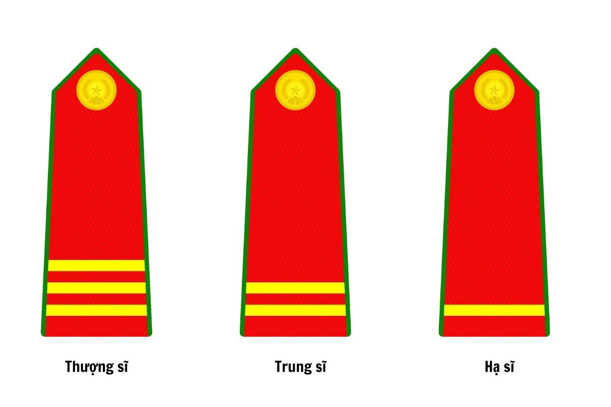 Hình ảnh minh họa phù hiệu của các hạ sĩ quan theo từng cấp bậc