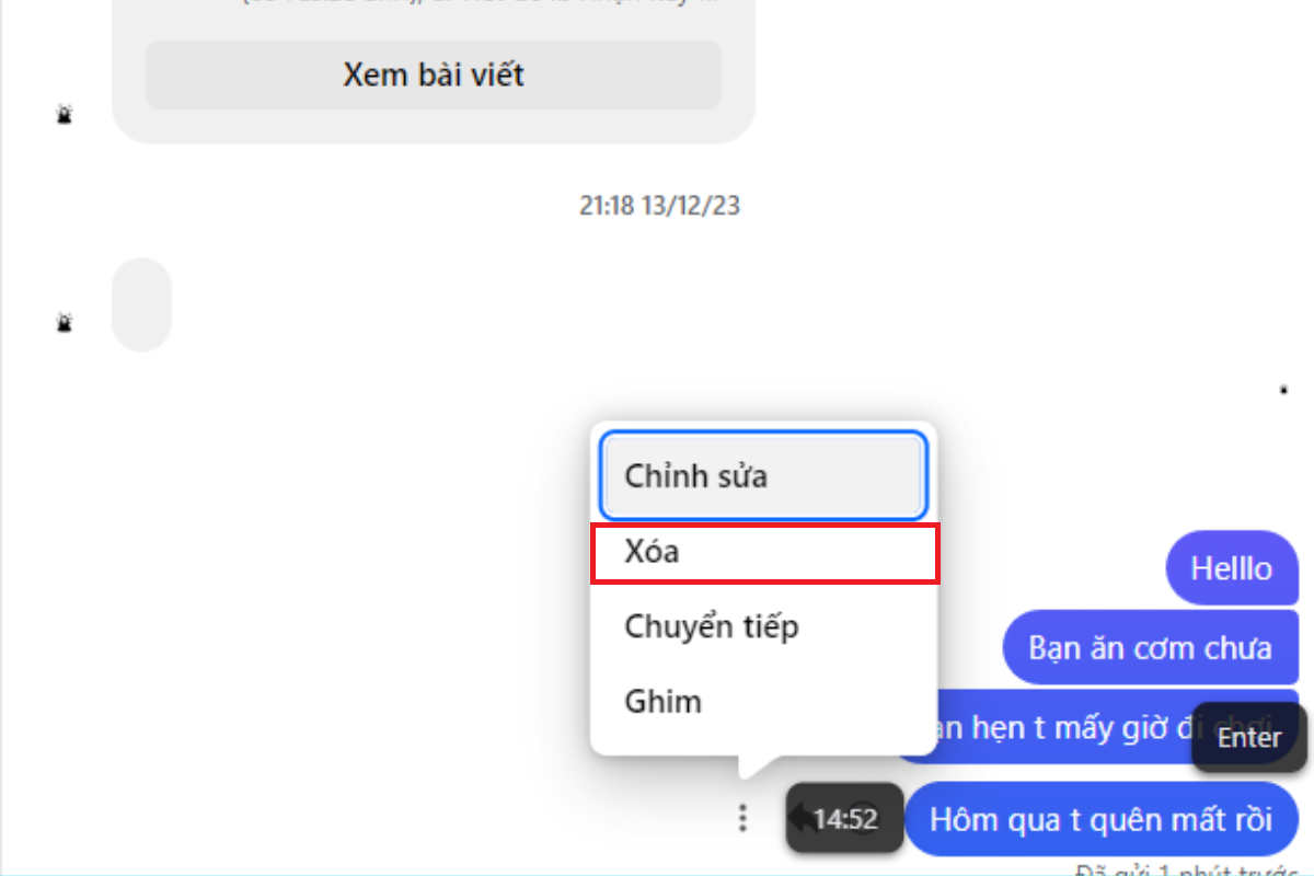 Nhấn Xoá để thu hồi tin nhắn trên Messenger