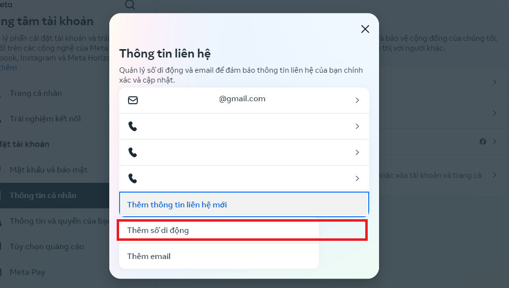 Chọn Thêm số di động trong mục Thông tin liên hệ Facebook