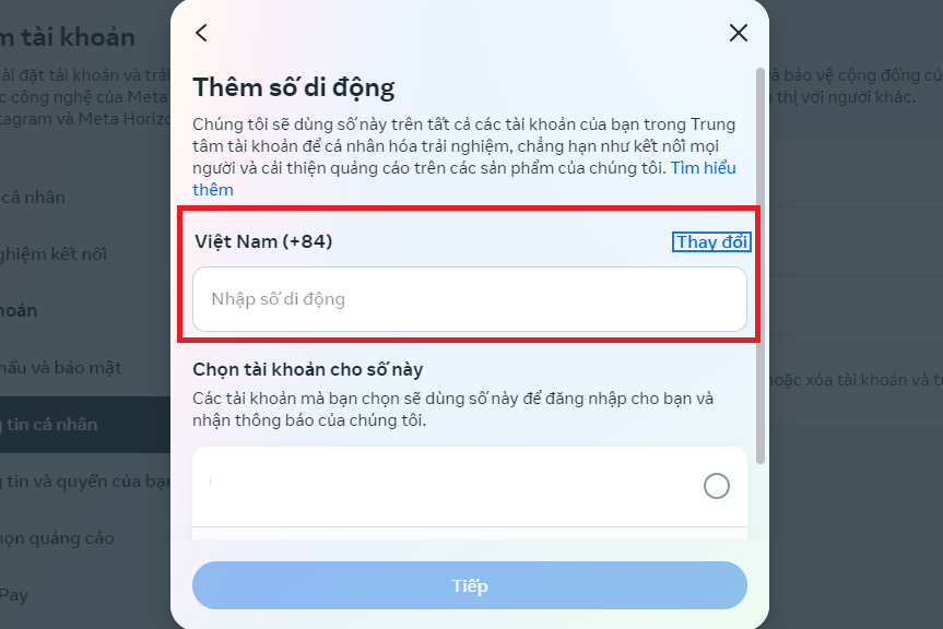 Thêm số điện thoại và nhấn Tiếp