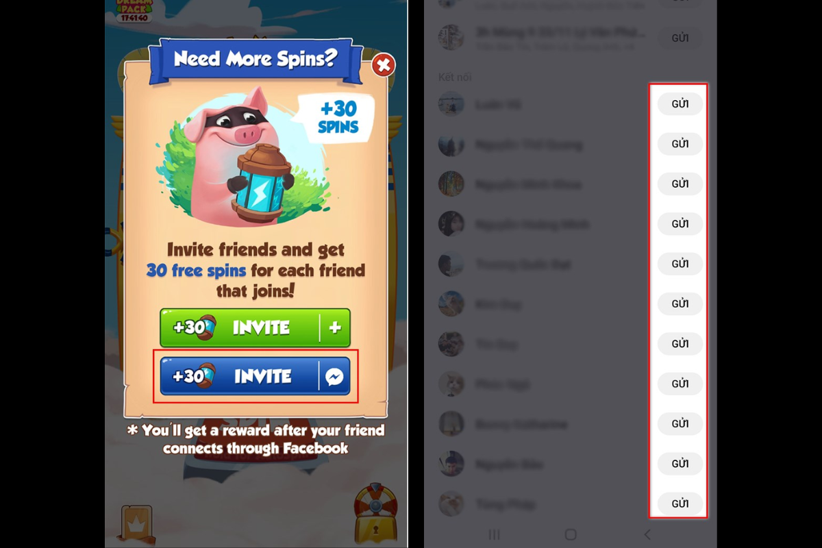 Chọn invite để mời bạn bè tham gia game và phần thưởng của bạn sẽ là 30 Spin cho mỗi lượt