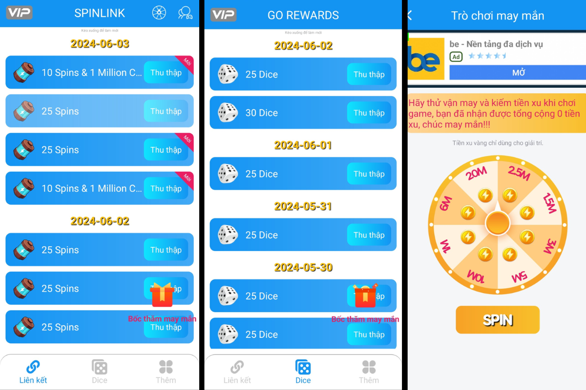 Tại giao diện app, bạn hãy lựa chọn các phương thức tùy ý để nhận Spin Coin với số lượng khủng