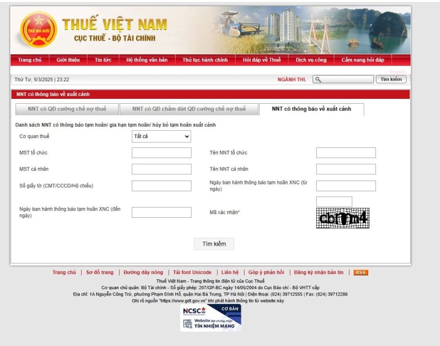 Điền đầy đủ thông tin tại mục người nợ thuế có thông báo về xuất cảnh.