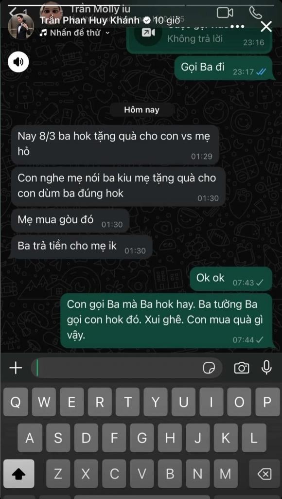 Tin nhắn của Huy Khánh và con gái. (Ảnh: FBNV)
