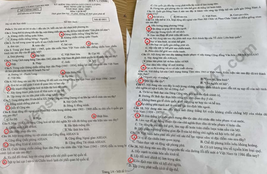 Đề thi khảo sát môn Lịch sử lớp 12 Hà Nội năm 2025, mã đề 0801, trang 1-2.
