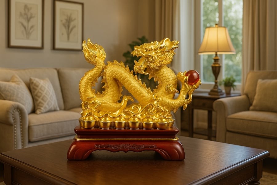 Tượng rồng ở phòng khách không chỉ mang lại may mắn mà còn thể hiện vị thế và quyền lực của gia chủ