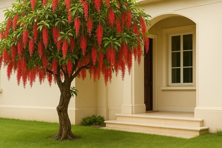 Lộc Vừng là loại cây thân gỗ nhỏ, hoa rủ dài như những dải lụa đỏ thắm – sắc đỏ tượng trưng cho may mắn, cát tường trong phong thủy