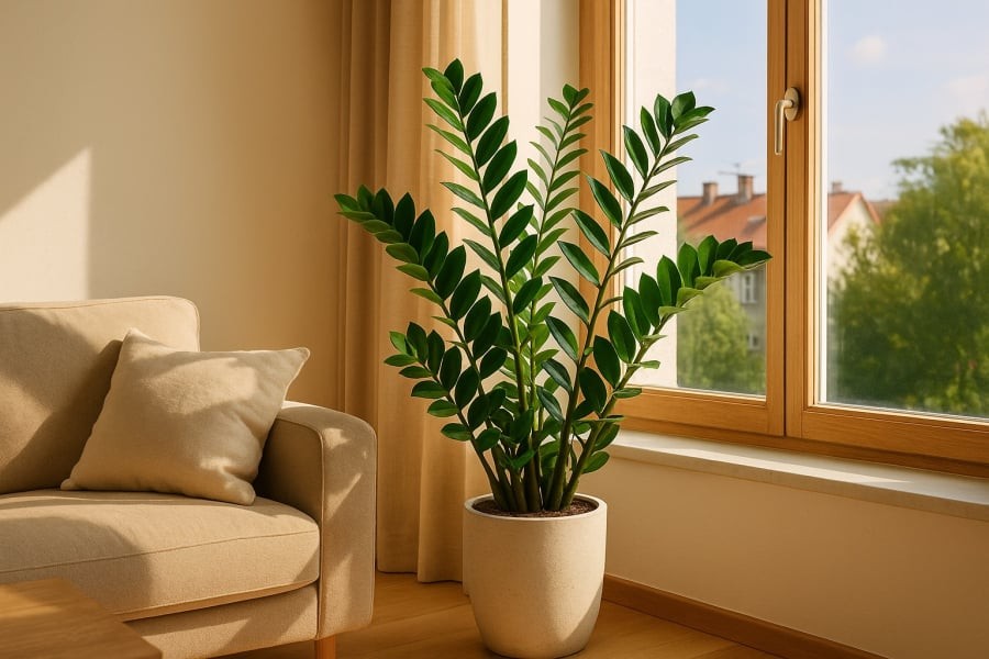 Cây kim tiền có dáng vươn lên mạnh mẽ, thân mập, lá xanh bóng xếp lớp như đồng xu cổ – là biểu tượng của tài lộc và sự sung túc