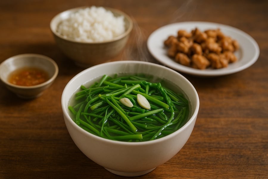 Khi nấu canh rau muống với tỏi hoặc chanh/lá chanh, tác dụng thanh lọc cơ thể, hỗ trợ gan thải độc lại càng mạnh hơn