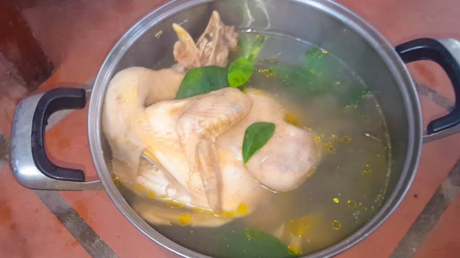 Luộc gà cùng nước lã vừa tanh vừa đỏ, thêm nắm lá chanh vào gà vàng ươm, chín đều ngọt thịt