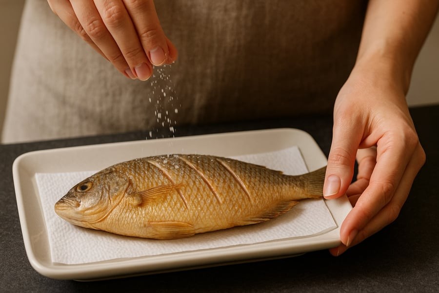 Người nội trợ rắc nhẹ một nhúm muối lên mình cá đã thấm khô – bước chuẩn bị quan trọng giúp cá không bắn dầu, không dính chảo