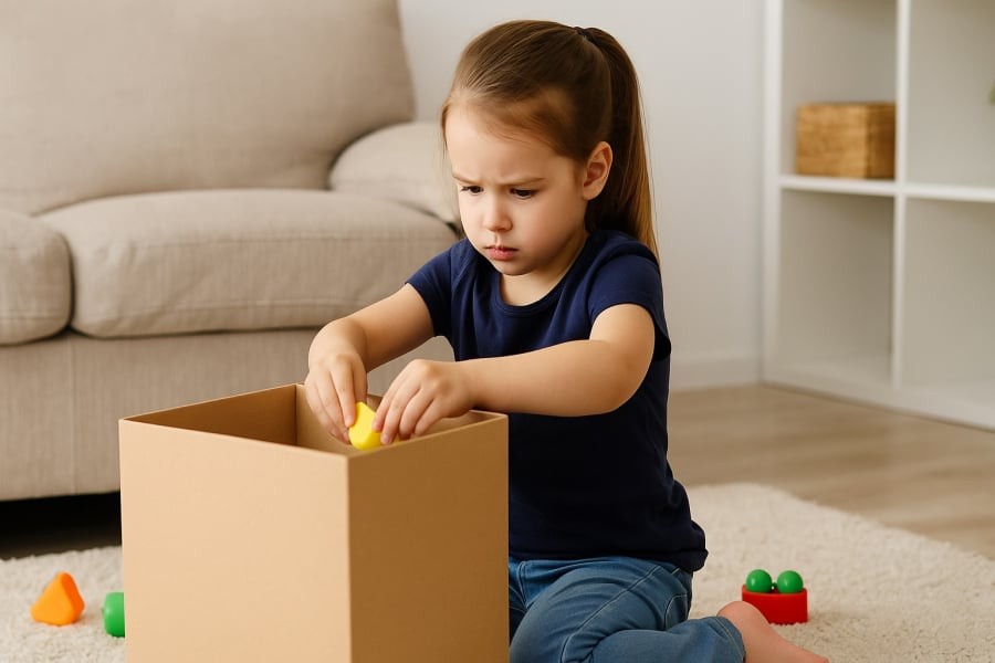 Bé tự lập từ nhỏ, biết sắp xếp đồ chơi gọn gàng, dấu hiệu cho thấy khả năng tự lập và ý thức trách nhiệm đang phát triển.