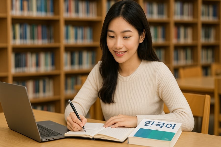 Sinh viên ngành Hàn Quốc học chăm chỉ ôn tập tại thư viện, chuẩn bị cho kỳ thi năng lực tiếng Hàn TOPIK – bước đệm quan trọng cho cơ hội học bổng và việc làm toàn cầu