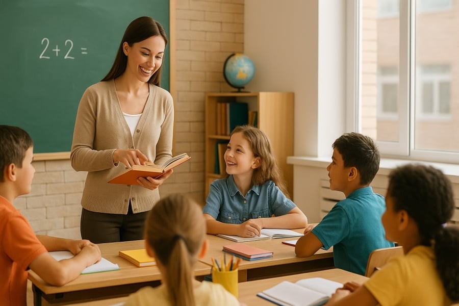 Cô giáo tận tâm giảng bài trong lớp học tiểu học đầy ánh sáng – nơi khởi đầu của những ước mơ.
