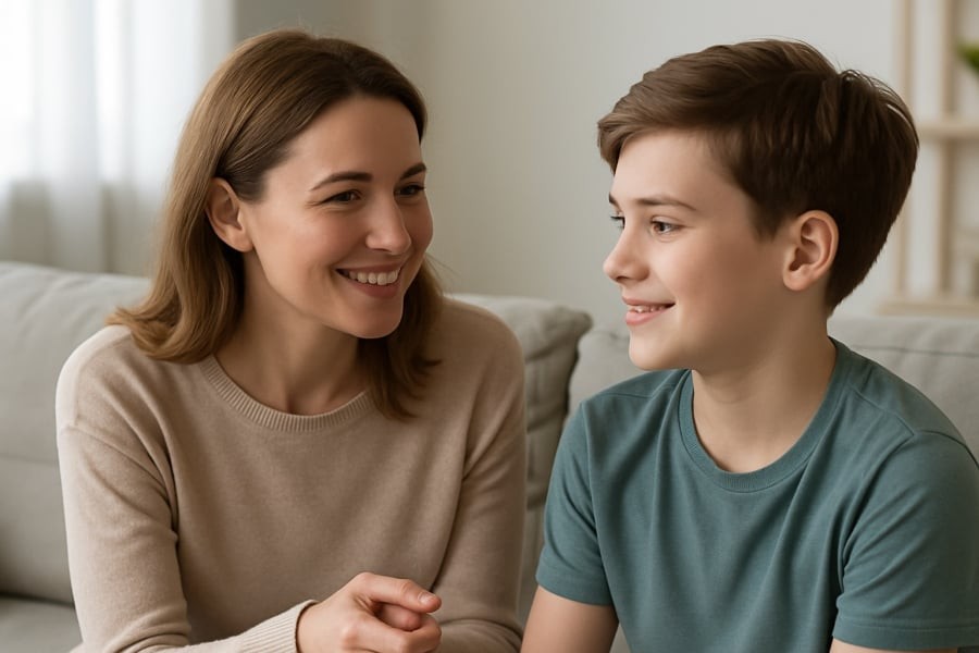 Một buổi tối bình yên, mẹ ngồi bên con trai và lắng nghe tâm sự về bài kiểm tra đạt 9 điểm. Ánh mắt mẹ tràn đầy yêu thương và sự thấu hiểu, tạo nên khoảnh khắc ấm áp