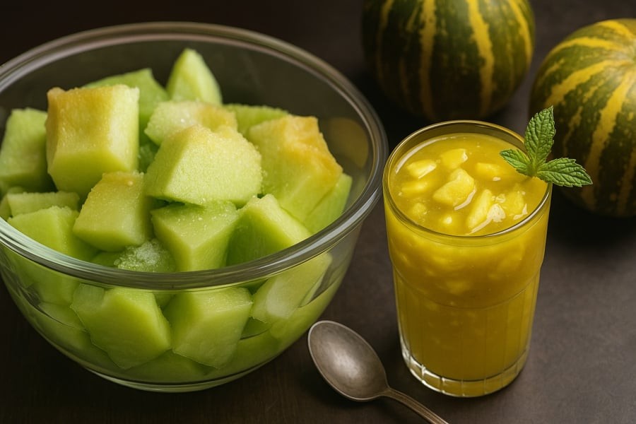 Dưa bở chín tới – thơm, ngọt, mát ruột, thường được dằm đường, dằm sữa hoặc ăn mát như kem trong những trưa hè oi ả.