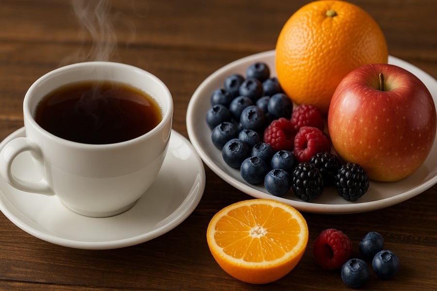 Trà đen và trái cây giàu flavonoid – bộ đôi đơn giản nhưng hiệu quả trong hành trình lão hóa lành mạnh.