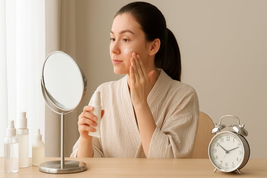 Đừng bỏ qua bước bôi kem chống nắng đầu ngày – “lá chắn” tối ưu giúp bảo vệ làn da và giữ lớp trang điểm bền đẹp suốt ngày dài.