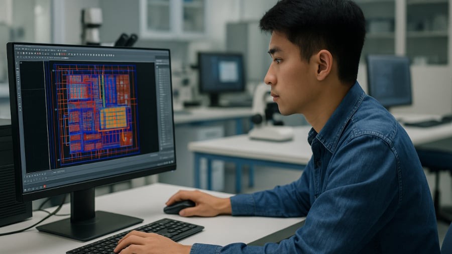Sinh viên ngành vi mạch bán dẫn thực hành thiết kế chip tại phòng thí nghiệm – nơi đòi hỏi trang thiết bị chuyên sâu và kỹ năng công nghệ cao.