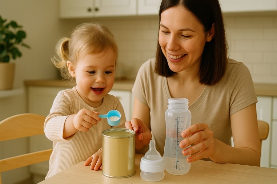 Tạo hứng thú bằng cách để trẻ tham gia vào quá trình pha chế sữa.