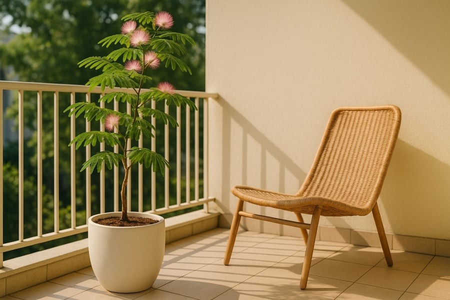 Một chậu Hợp hoan nhỏ trên ban công cũng đủ mang lại cảm giác an yên và ấm cúng cho cả ngôi nhà.