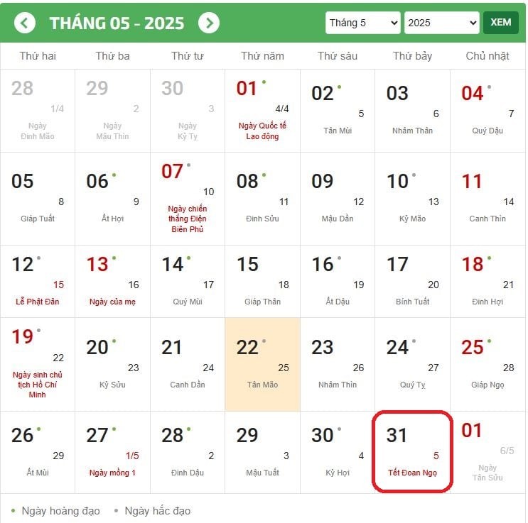 Tết Đoan Ngọ 2025 - 5/5 năm Ất Tỵ rơi vào thứ Bảy ngày 31/5 Dương lịch.
