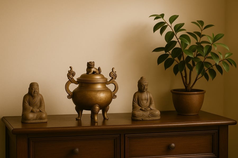 Không gian thờ cúng với vật dụng phong thủy cổ – nơi lưu giữ năng lượng tốt lành của gia đạo.